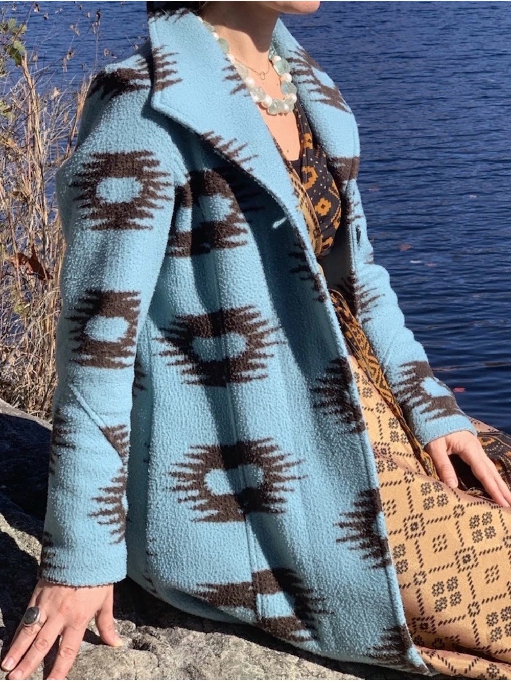 Vintage Kial Southwestern Fleece Duster Coat Teal & Brown Graphic Print Size S